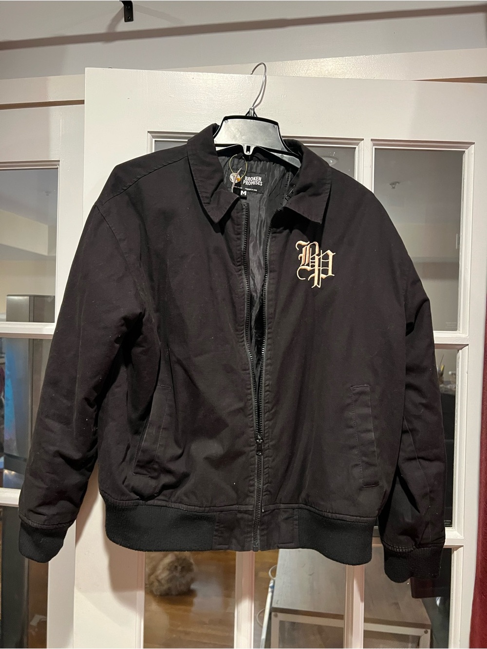 Men's Black Bomber Jacket with Cream Script Crest - Classic Varsity Look